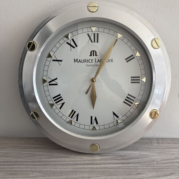 Maurice Lacroix Switzerland 16” Wall Clock Gold/ Silver Tested Working - Picture 1 of 5